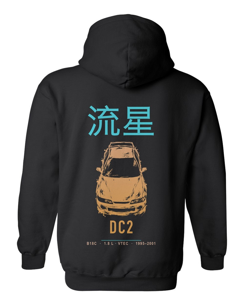 DC2 full-back artwork black pull over hoodie back view with the design