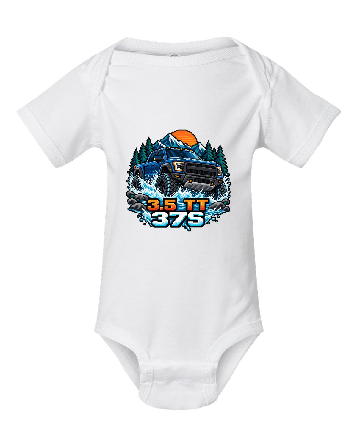 8/16-bit pixel art print of a Ford F-150 Raptor Gen 3 P702 crossing a river white baby onesie front view with the design