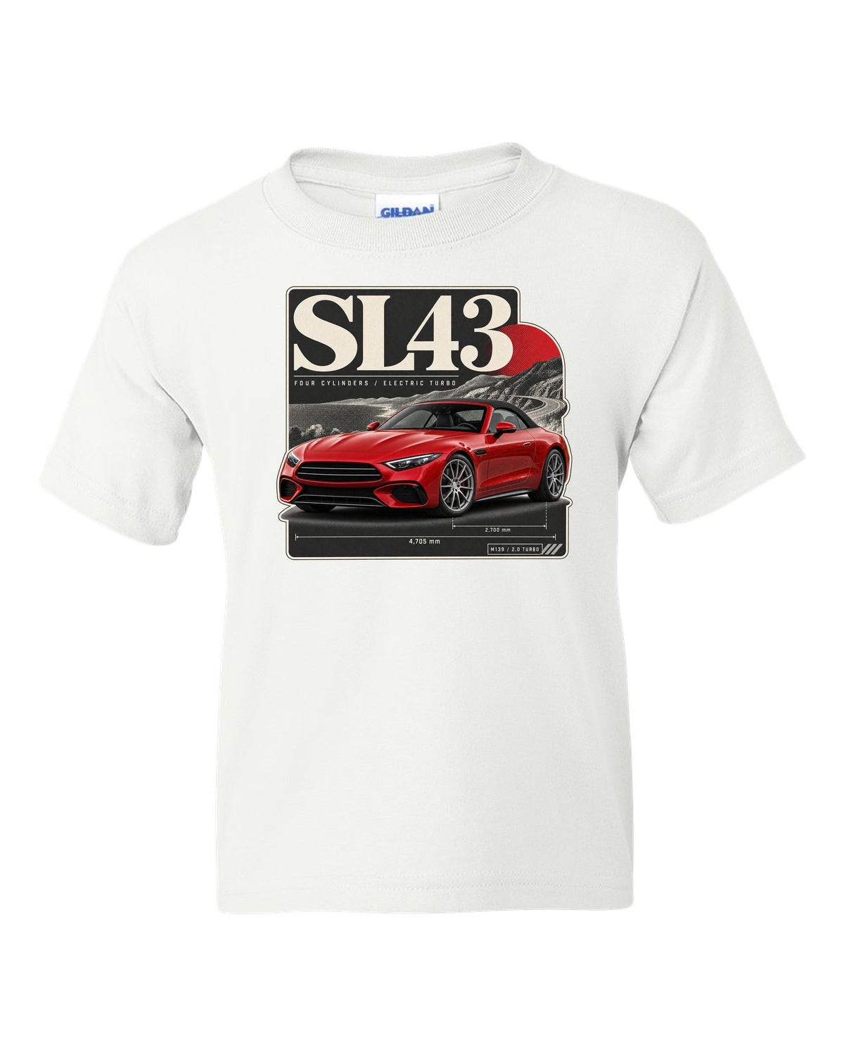 SL43 R232 Electric Turbo Editorial white kids tee front view with the design