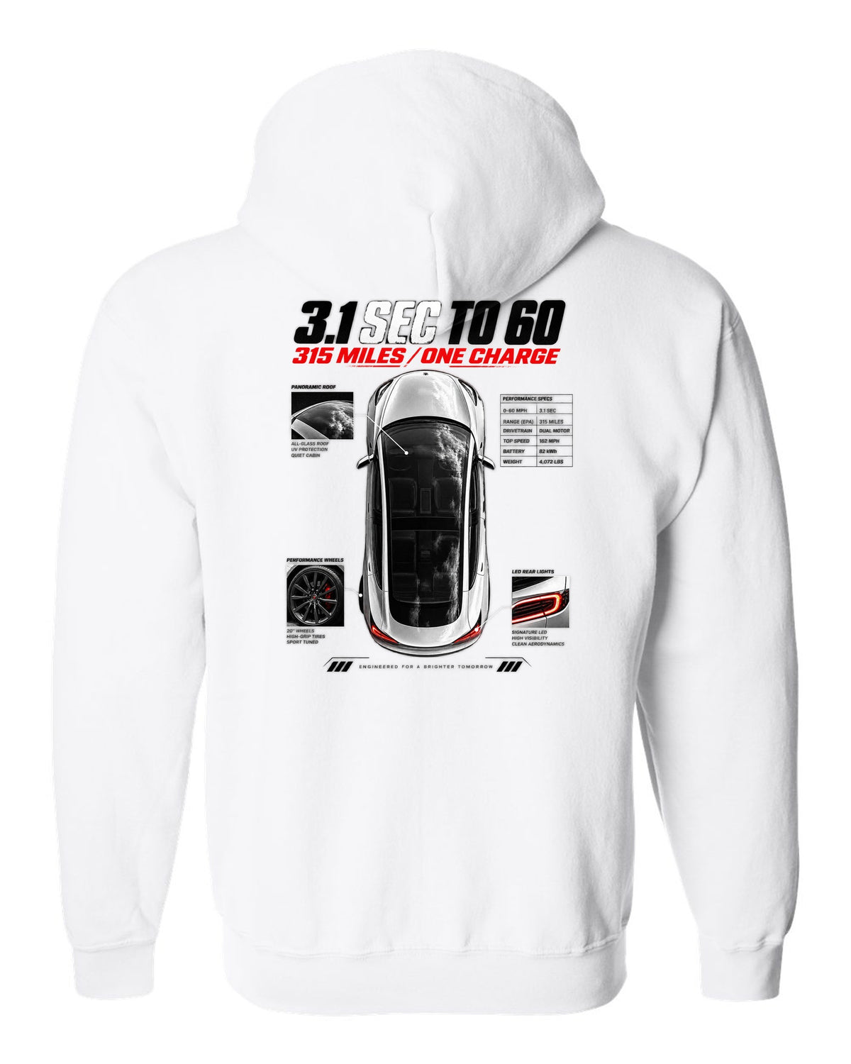 Top-down spec poster print of a Tesla Model 3 Performance with 0-60 and range figures white zip hoodie back view with the design