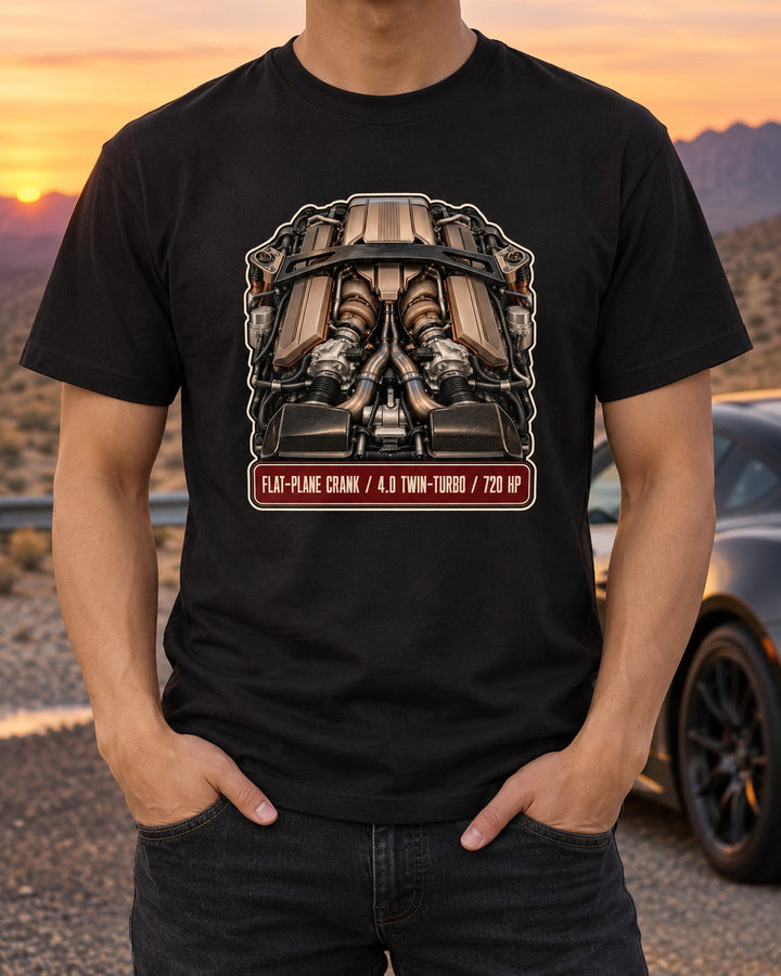 Mercedes-AMG GT Black Series Engine Hero Shirt, Flat-Plane V8 T-Shirt Black worn hero