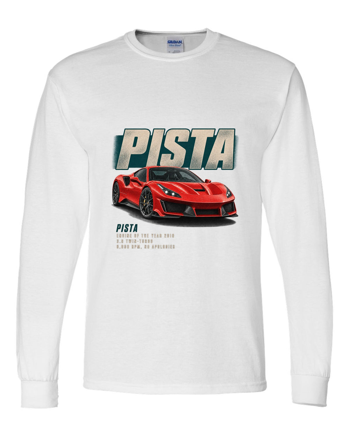 Editorial headline print of a red Ferrari 488 Pista in front three-quarter view white long sleeve front view with the design