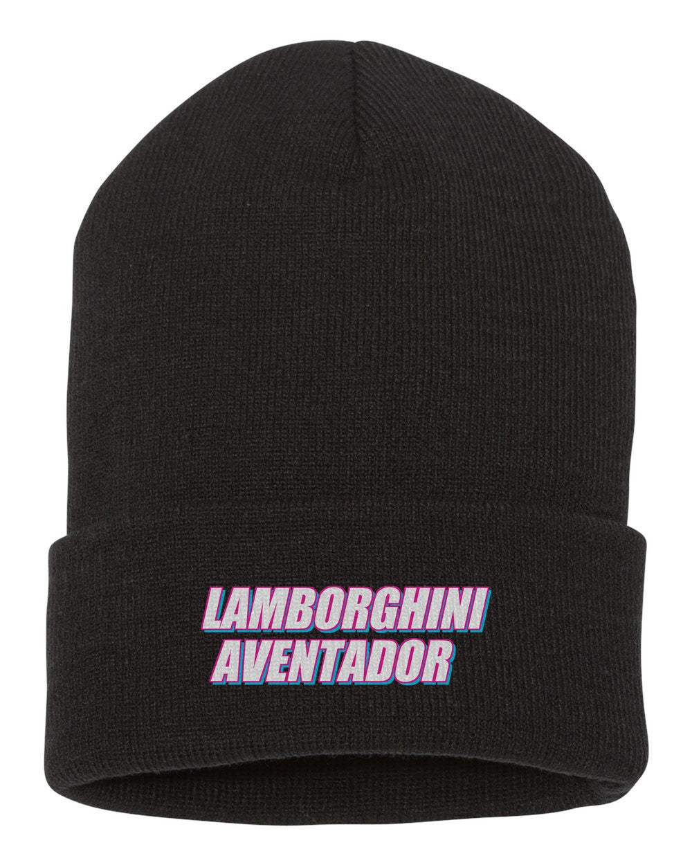 Lamborghini Aventador black beanie front view with car name