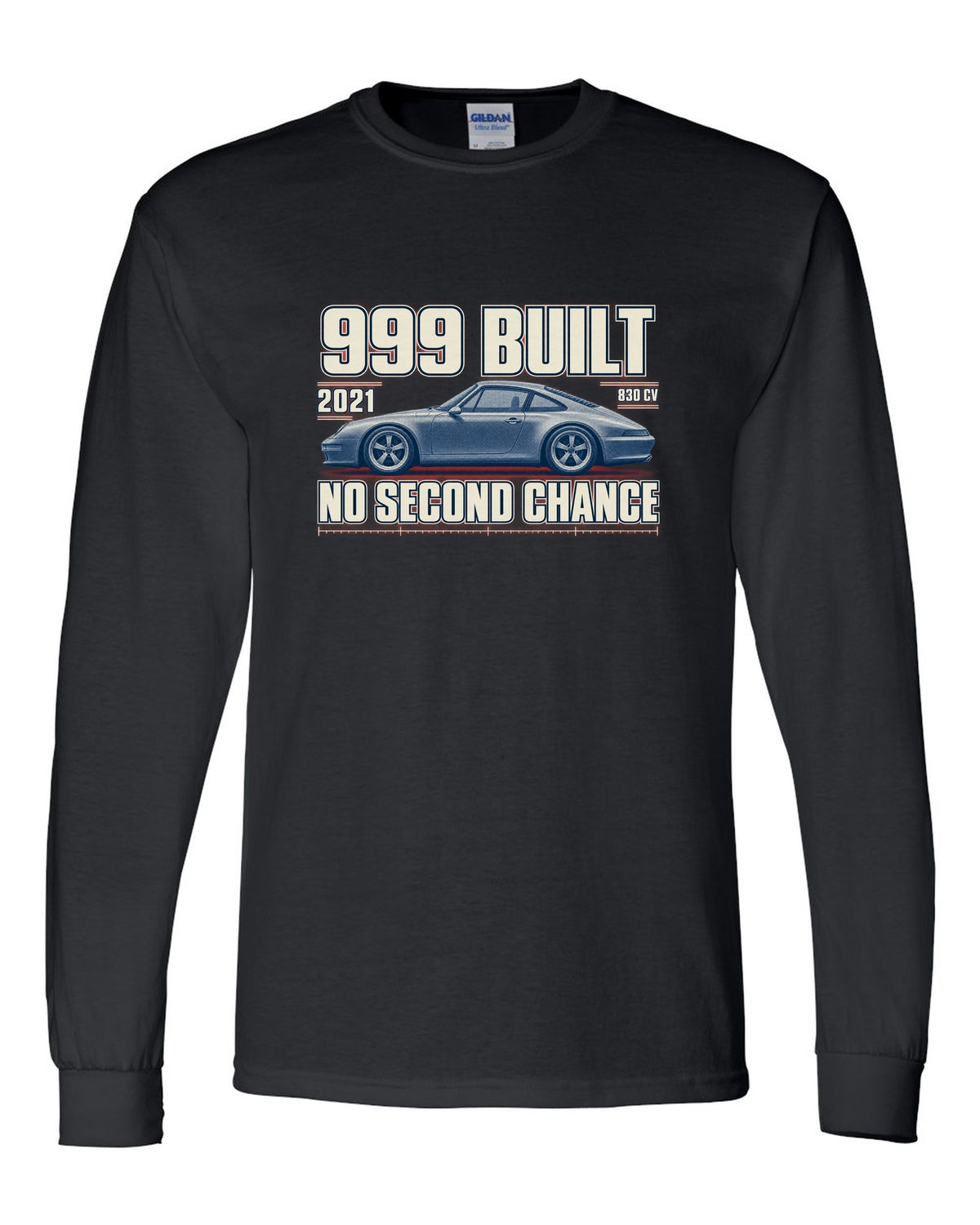 Ferrari 812 Competizione halftone print with 999 built, 2021 text black long sleeve front view with the design