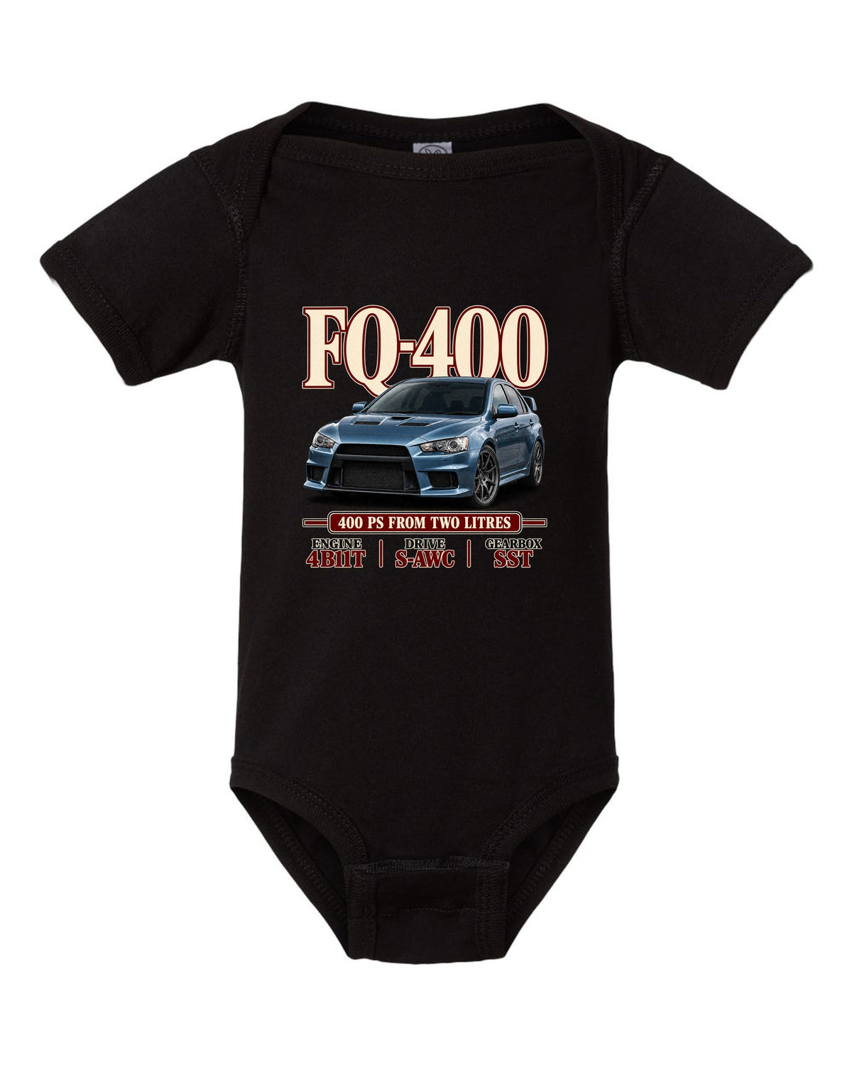 Mitsubishi Lancer Evolution X FQ-400 low front three-quarter archive panel print black baby onesie front view with the design
