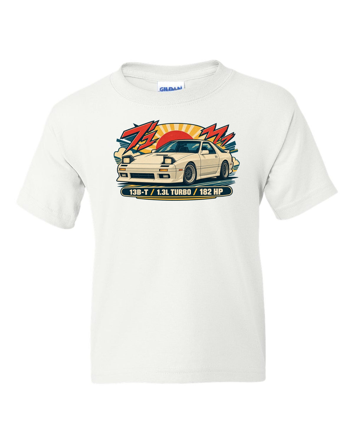 Risograph style overhead print of a Mazda MX-5 ND with the text ND 50:50 white kids tee front view with the design