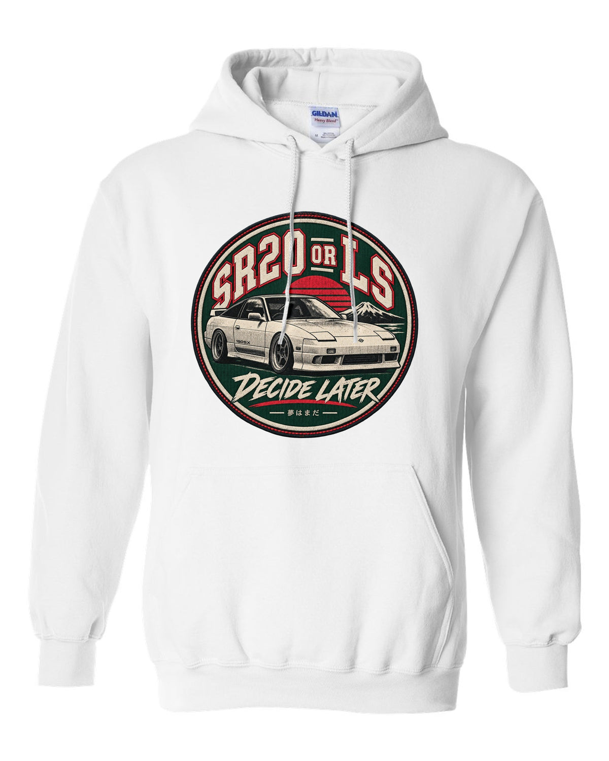 Round varsity crest with stitched border print for the Nissan S13 reading SR20 or LS, Decide Later white pull over hoodie front view with the design