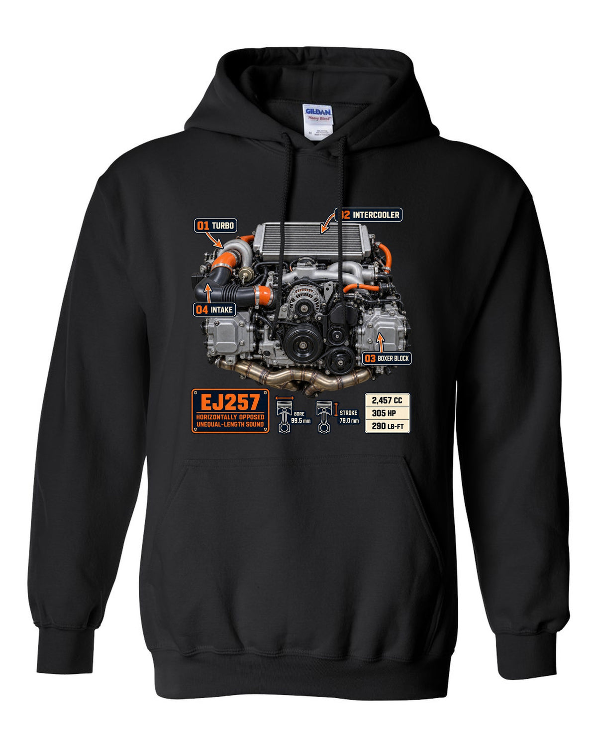 Poster-style print of a Subaru EJ257 boxer engine from the WRX STI VA with technical callouts black pull over hoodie front view with the design