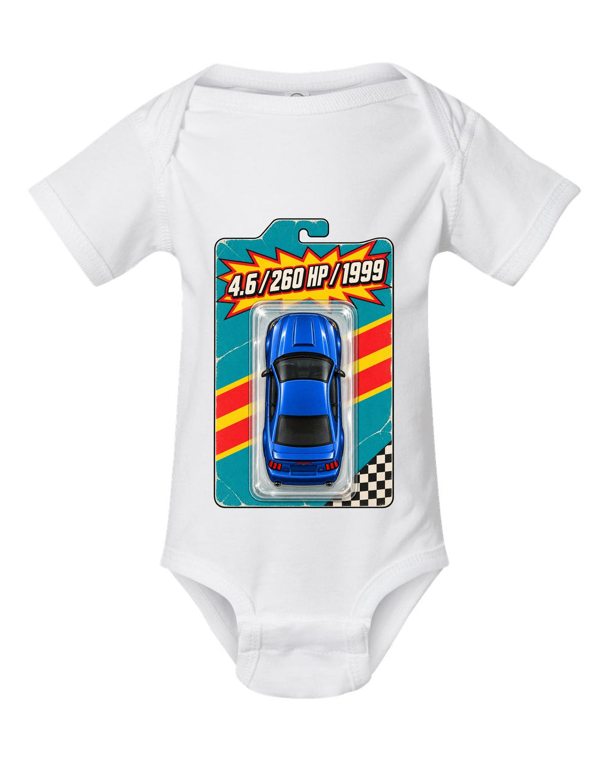 Toy blister card layout of a 1999-2004 New Edge Ford Mustang coupe with 4.6 260 HP text white baby onesie front view with the design