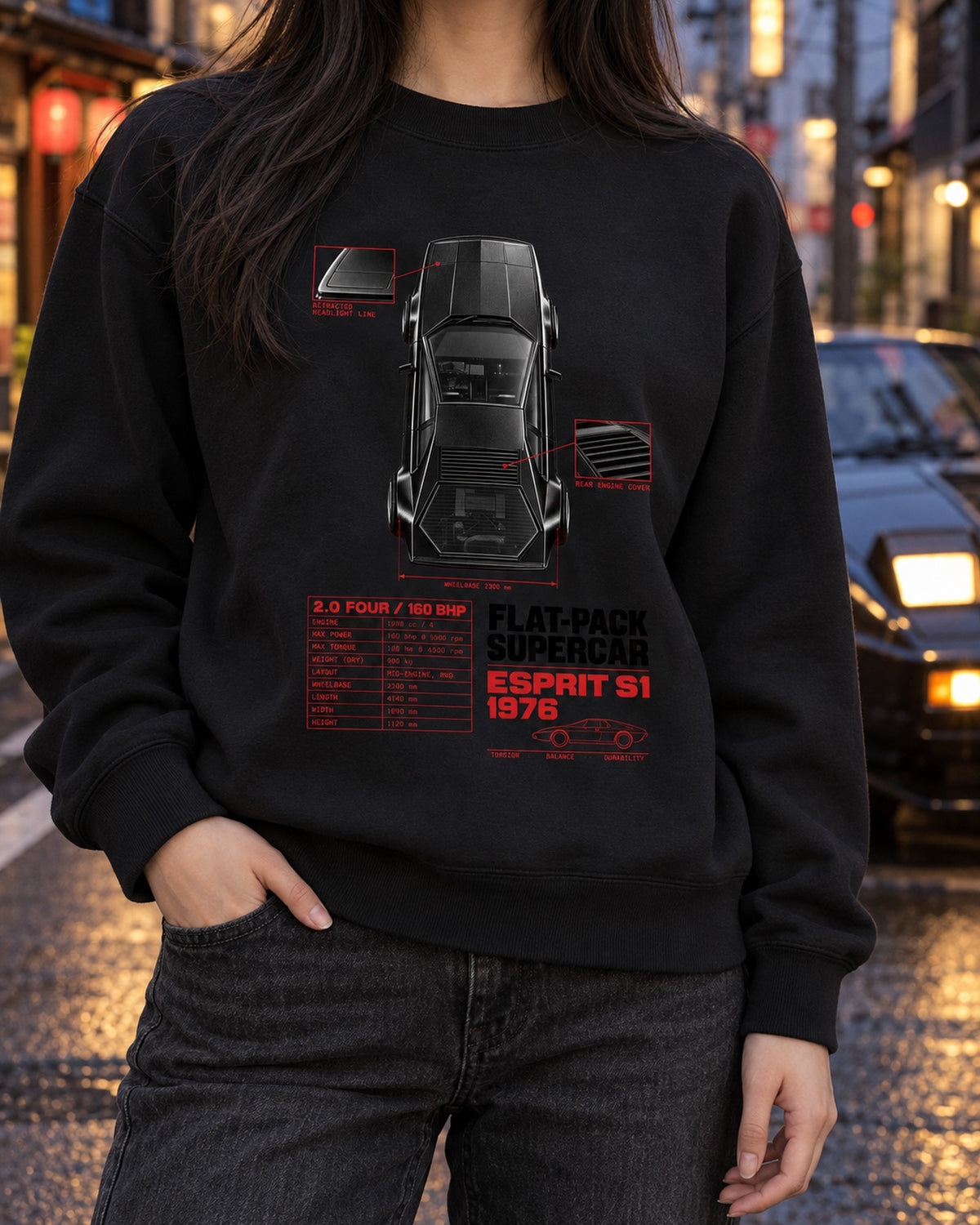 Lotus Esprit S1 1976 Top-Down Spec Poster Tee Crewneck Black worn hero