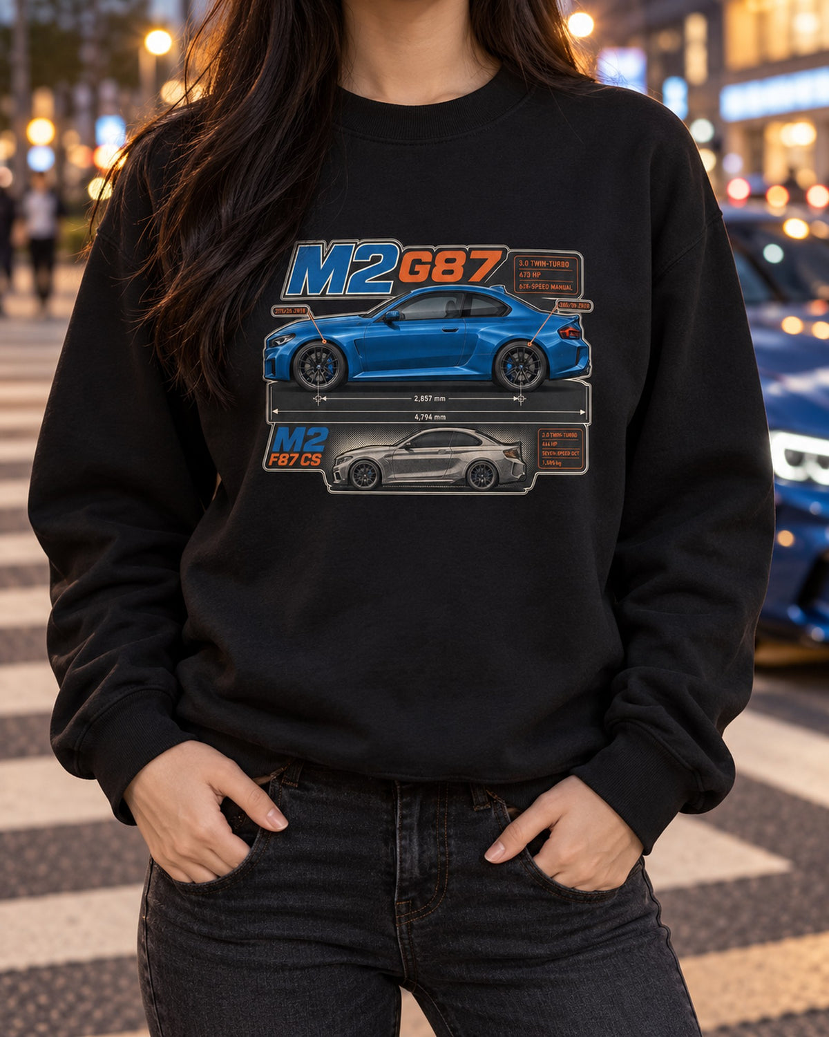 BMW M4 G82 Dimension Blueprint Shirt, Six-Speed Manual Car Tee Crewneck Black worn hero