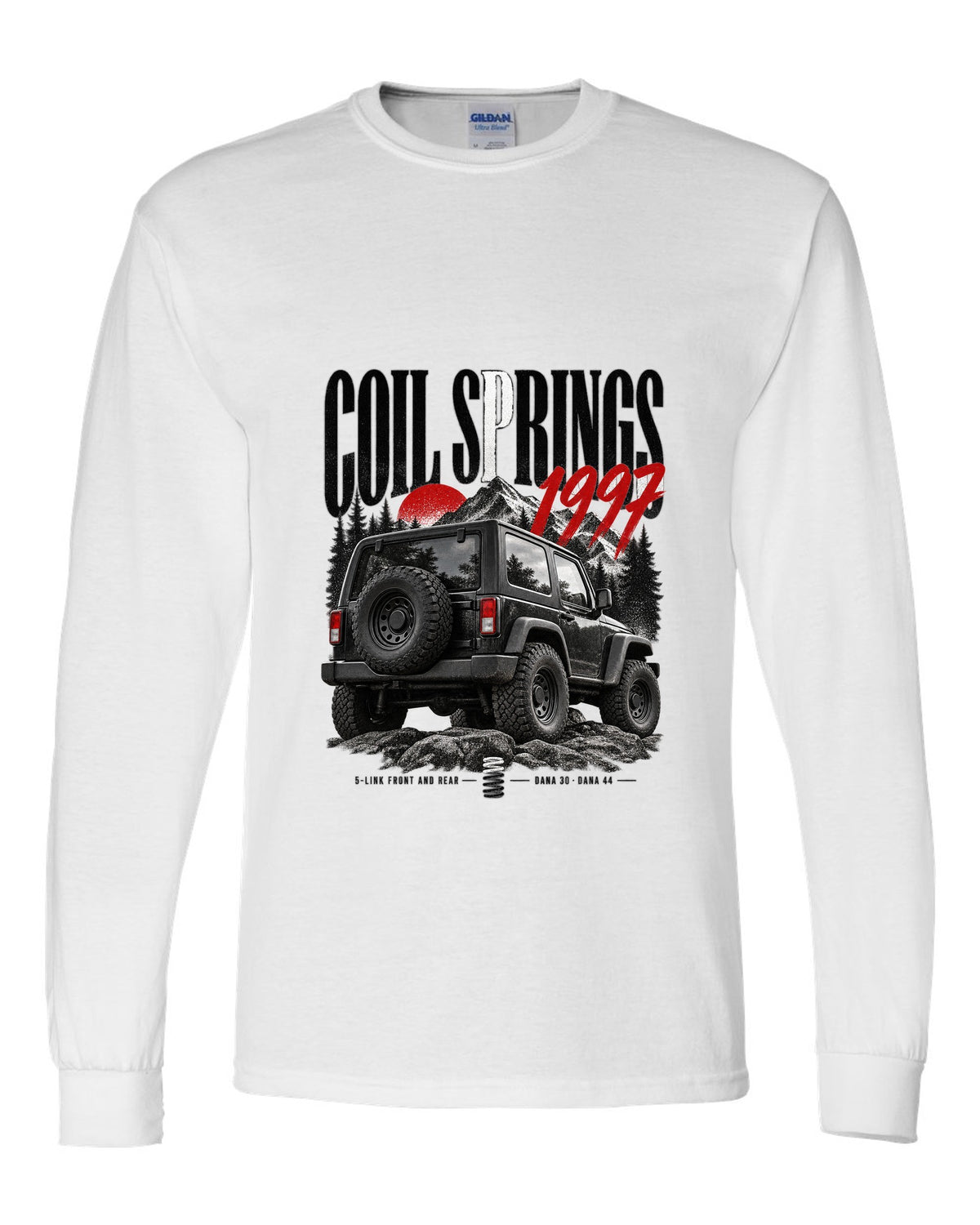 Editorial print for the Jeep Wrangler TJ, coil springs 5-link Dana 30 and Dana 44 white long sleeve front view with the design