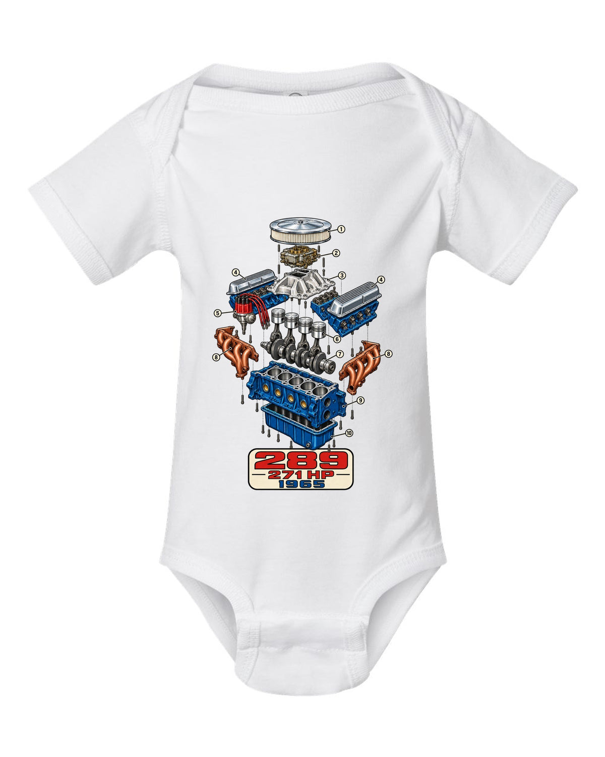 Cutaway exploded engine view print of a 1965 Ford Mustang 289 V8 white baby onesie front view with the design