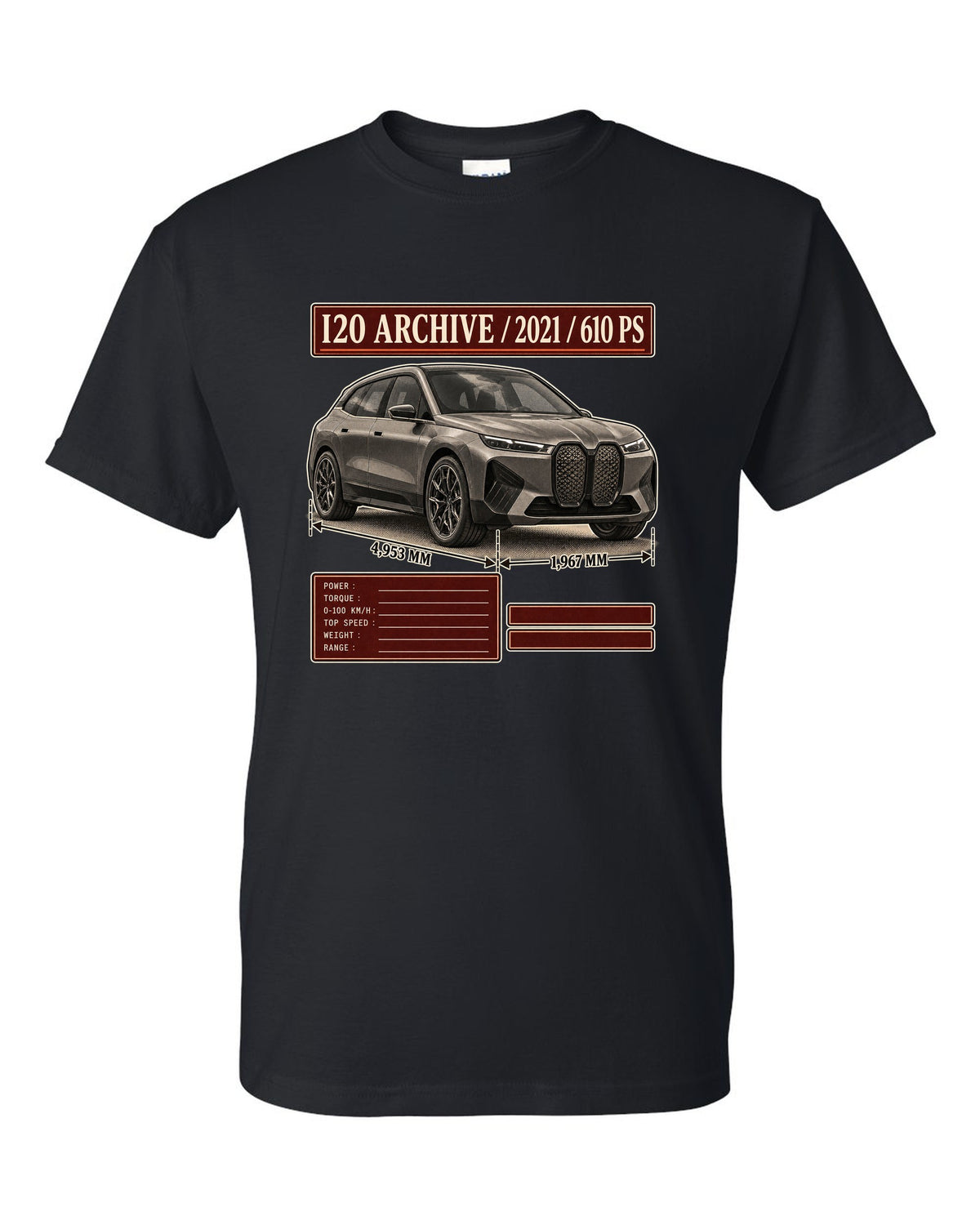 Archive panel print of the BMW iX M60 I20 with 2021 and 610 PS black t-shirt front view with the design