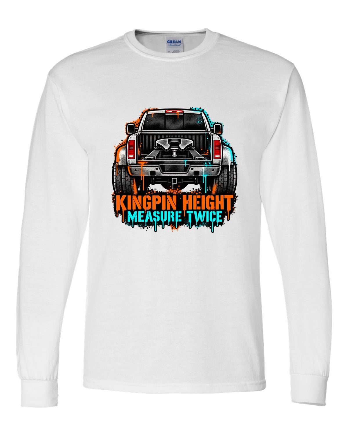 Stencil spray-art print of a 2010-2018 Ram 3500 6.7 Cummins rear with fifth wheel and kingpin height text white long sleeve front view with the design