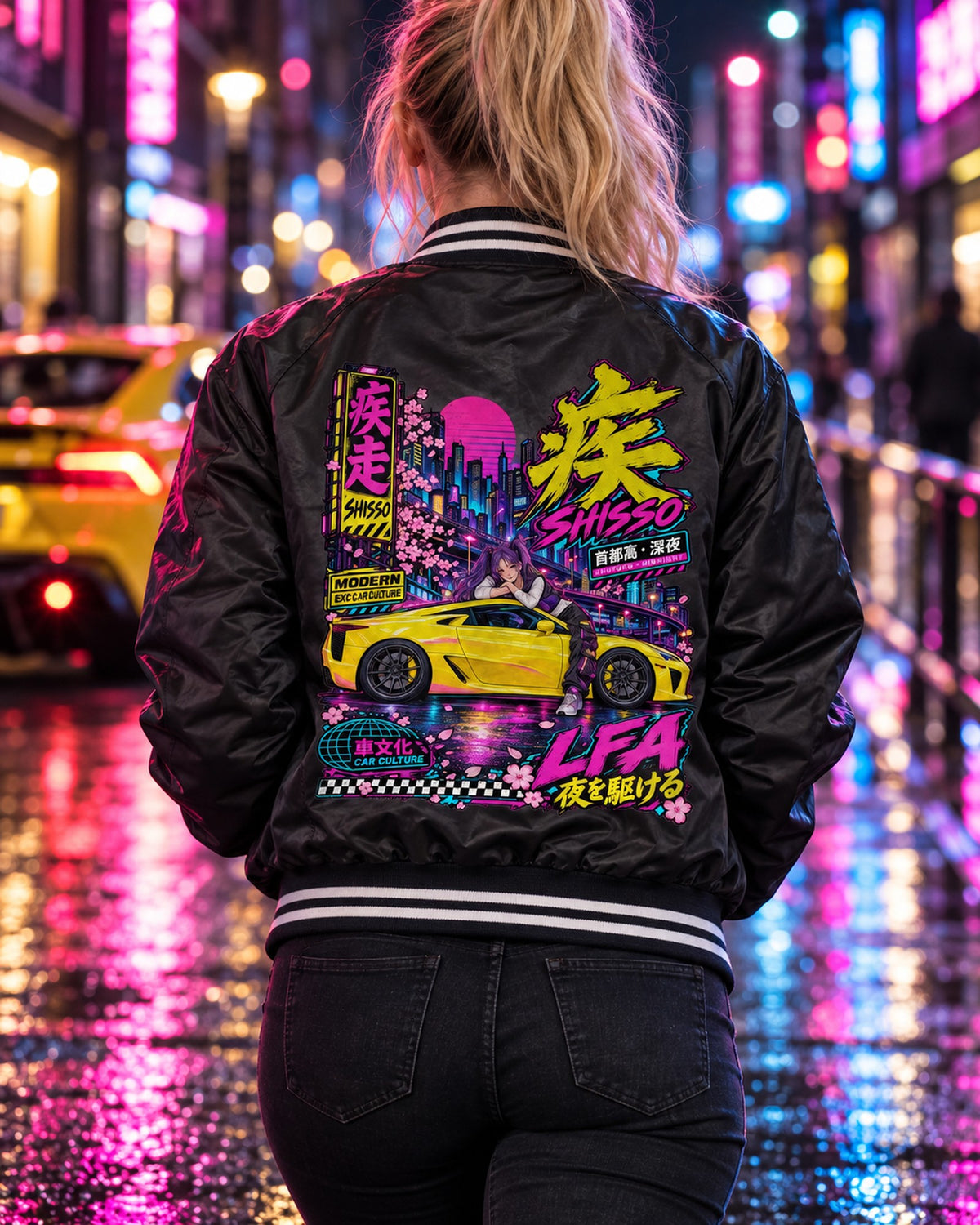 SHISSO LFA Anime Girl Full-Back Graphic Tee Bomber Jacket Black worn hero