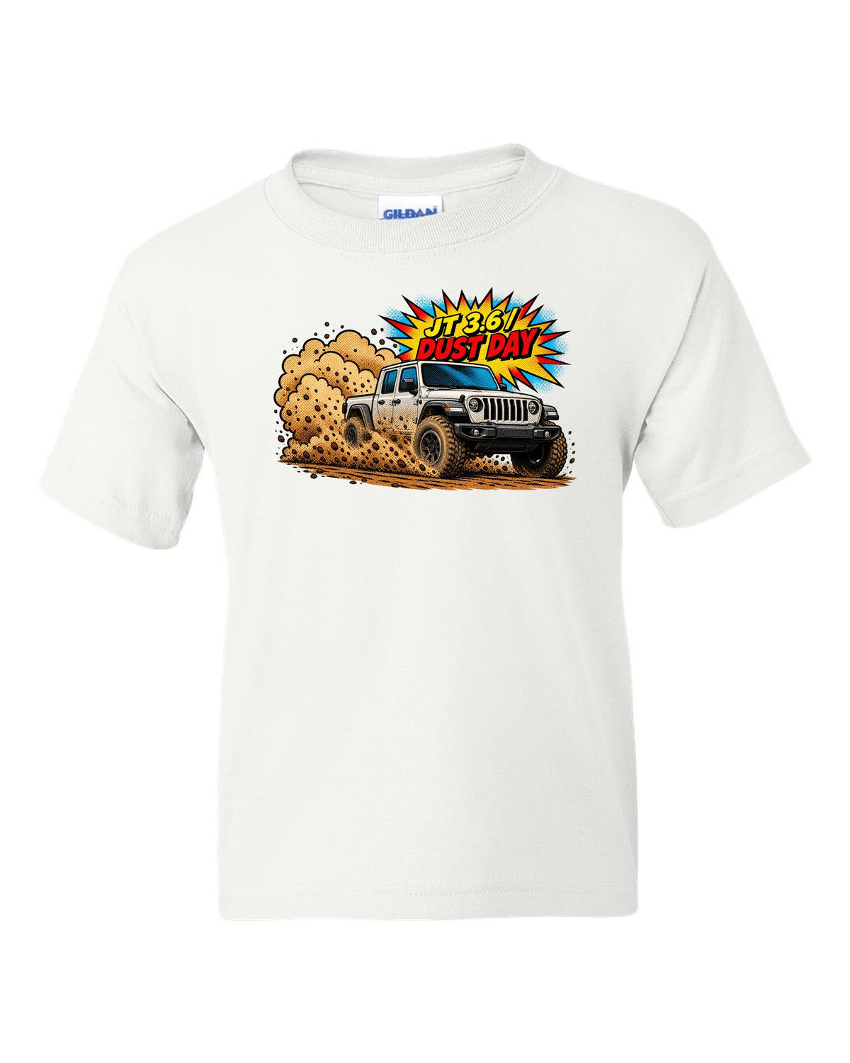 Jeep Gladiator JT mid-burnout in comic halftone pop art with JT 3.6 dust day text white kids tee front view with the design
