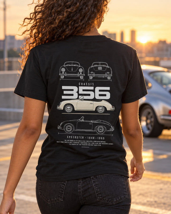 Porsche 356 Speedster Blueprint Full-Back Graphic Tee, 356 Chassis Code T-Shirt Black worn hero