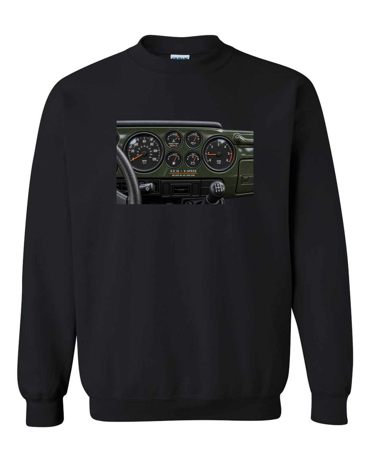 Gauge cluster print for the Jeep Wrangler TJ 4.0 I6, 1997-2006 black crewneck front view with the design