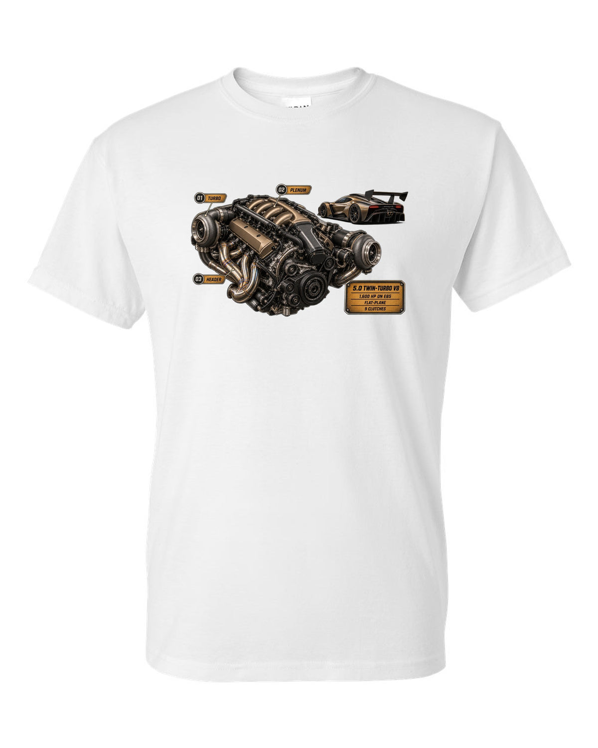 print engine hero of a Koenigsegg Jesko in bronze-grey carbon weave white t-shirt front view with the design