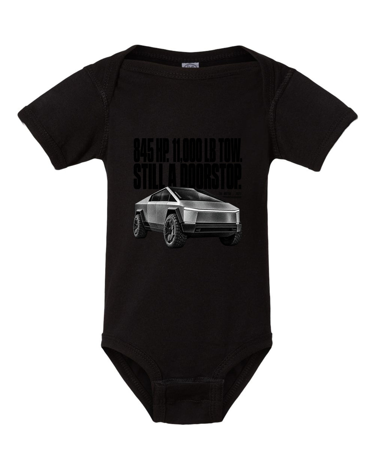 Halftone Tesla Cybertruck Cyberbeast front three-quarter with 845 HP and 11,000 lb tow text black baby onesie front view with the design