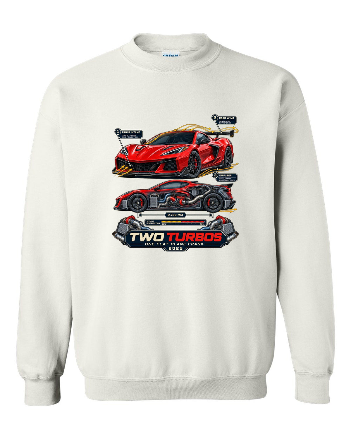 print of a Chevrolet Corvette C8 ZR1 cutaway with callouts for twin turbos and flat-plane crank white crewneck front view with the design