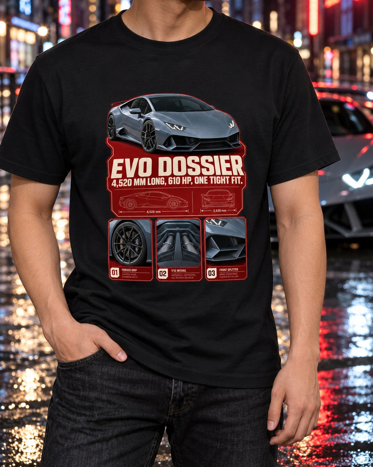 Huracan EVO Dossier Panels Shirt, Lamborghini 610 HP Tee T-Shirt Black worn hero