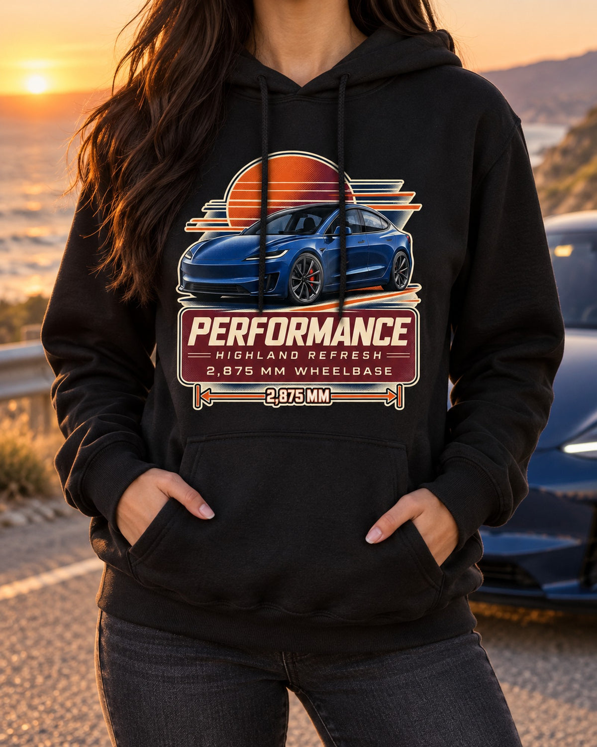 Tesla Model 3 Performance Highland Spec Poster Shirt, 2024 Pull Over Hoodie Black worn hero