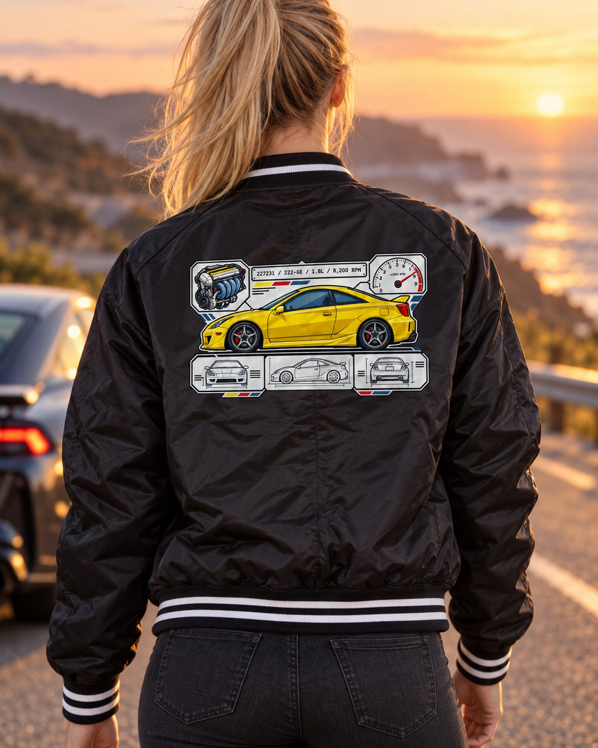 Toyota Celica ZZT231 2ZZ-GE Spec Sheet Data Plate Shirt Bomber Jacket Black worn hero