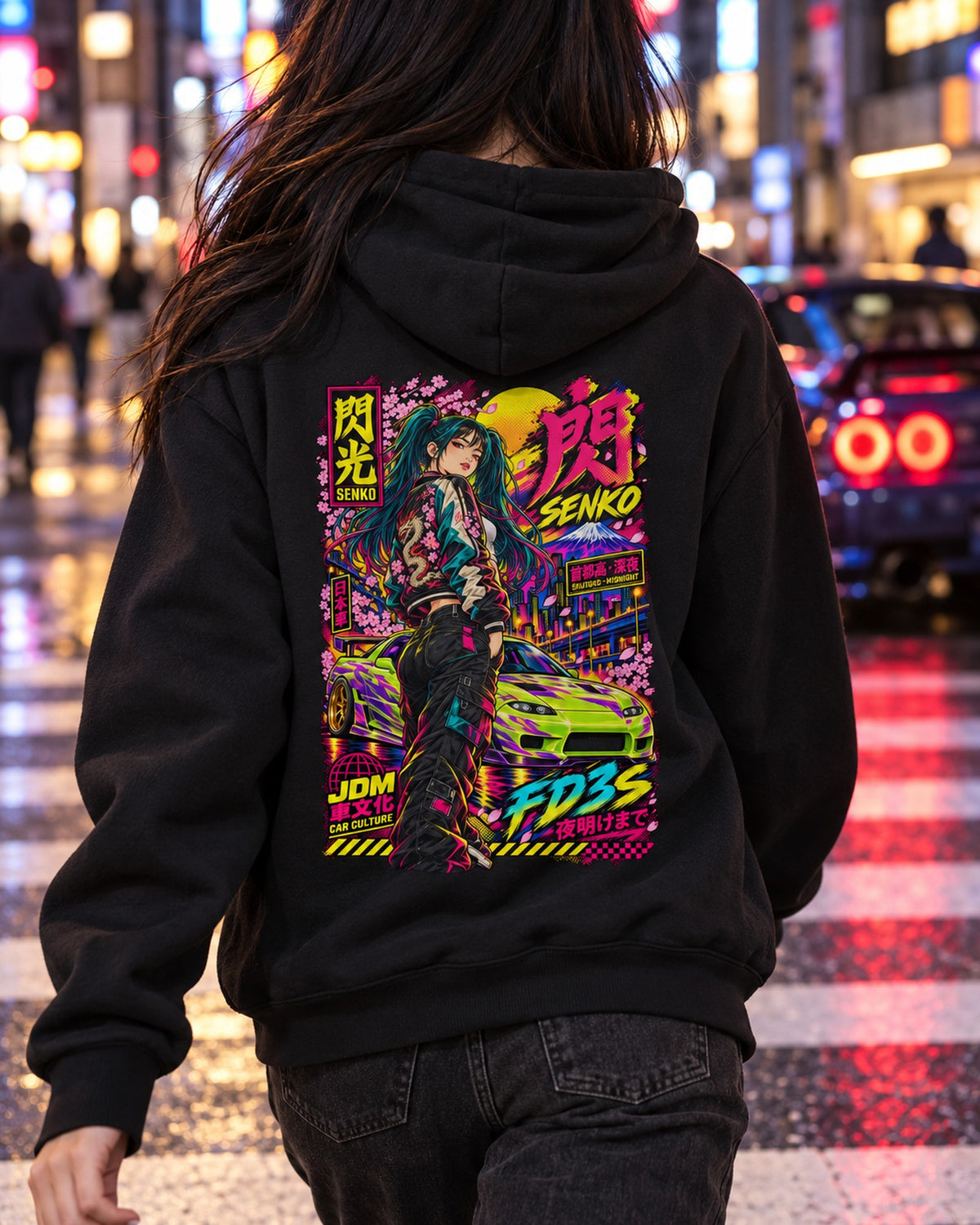 SENKO FD3S Anime Girl Full-Back Graphic Tee Pull Over Hoodie Black worn hero