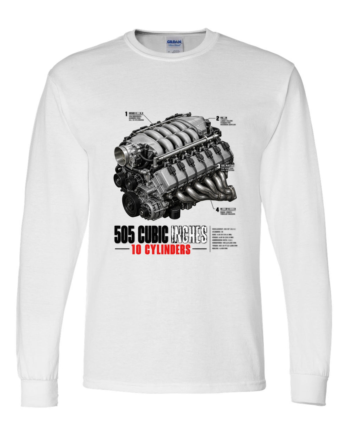 Dodge Viper SRT-10 ZB I 8.3L V10 engine hero print with 505 cubic inches lettering white long sleeve front view with the design