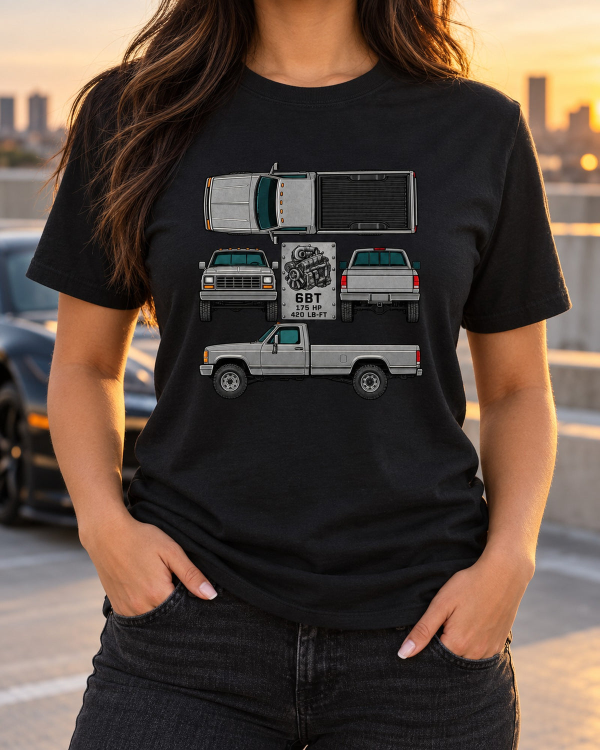 Dodge Ram D250 6BT Cummins Data Plate Shirt, 175 HP 420 LB-FT T-Shirt Black worn hero