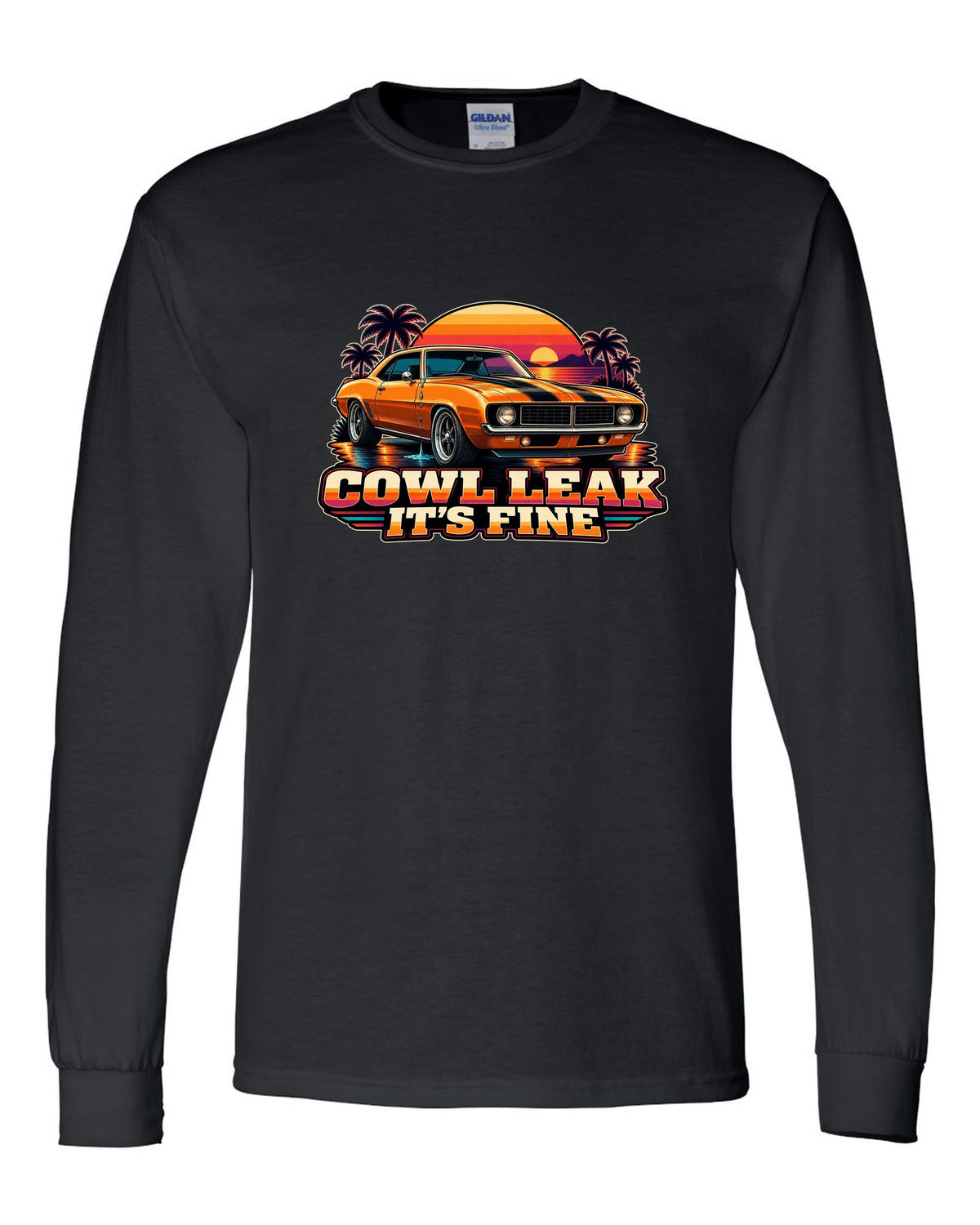 Retro banded sunset illustration of a 1969 Chevrolet Camaro coupe with cowl leak lettering black long sleeve front view with the design
