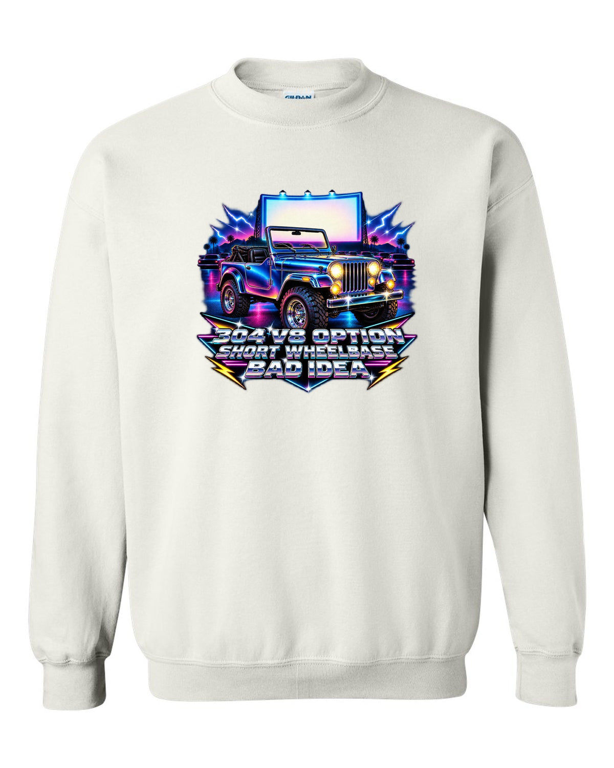 80s airbrush chrome print of a Jeep CJ-5 with 304 V8 option text white crewneck front view with the design