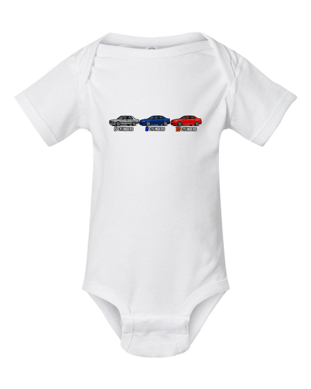 Generation lineup print of the BMW M5 E28, E39 and E60 with 6, 8 and 10 cylinders text white baby onesie front view with the design