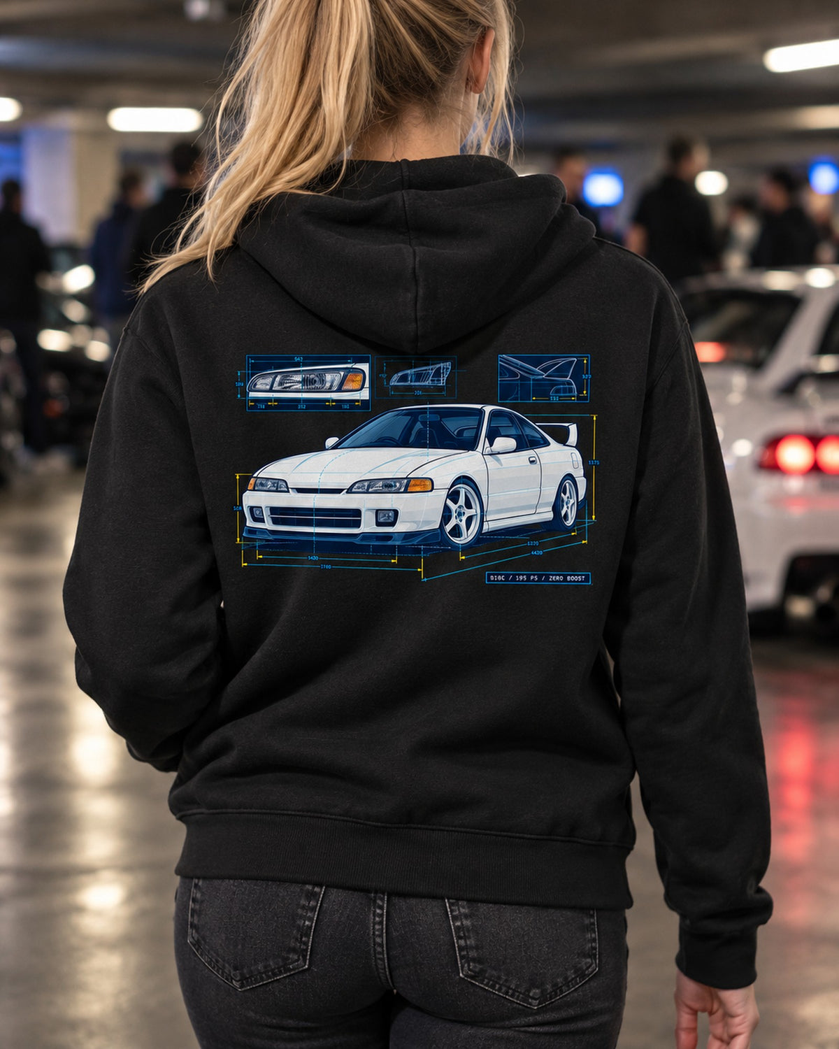 Honda Integra DC2 Headlight Blueprint Shirt, B18C Print Zip Hoodie Black worn hero