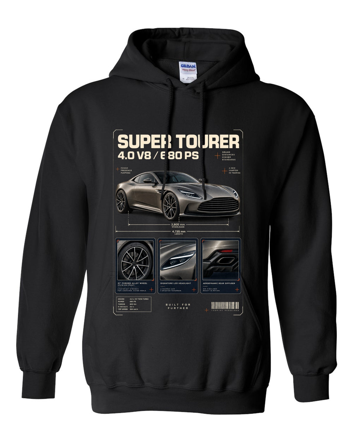 Aston Martin DB12 2023 dossier panels print with super tourer 4.0 V8 680 PS text black pull over hoodie front view with the design