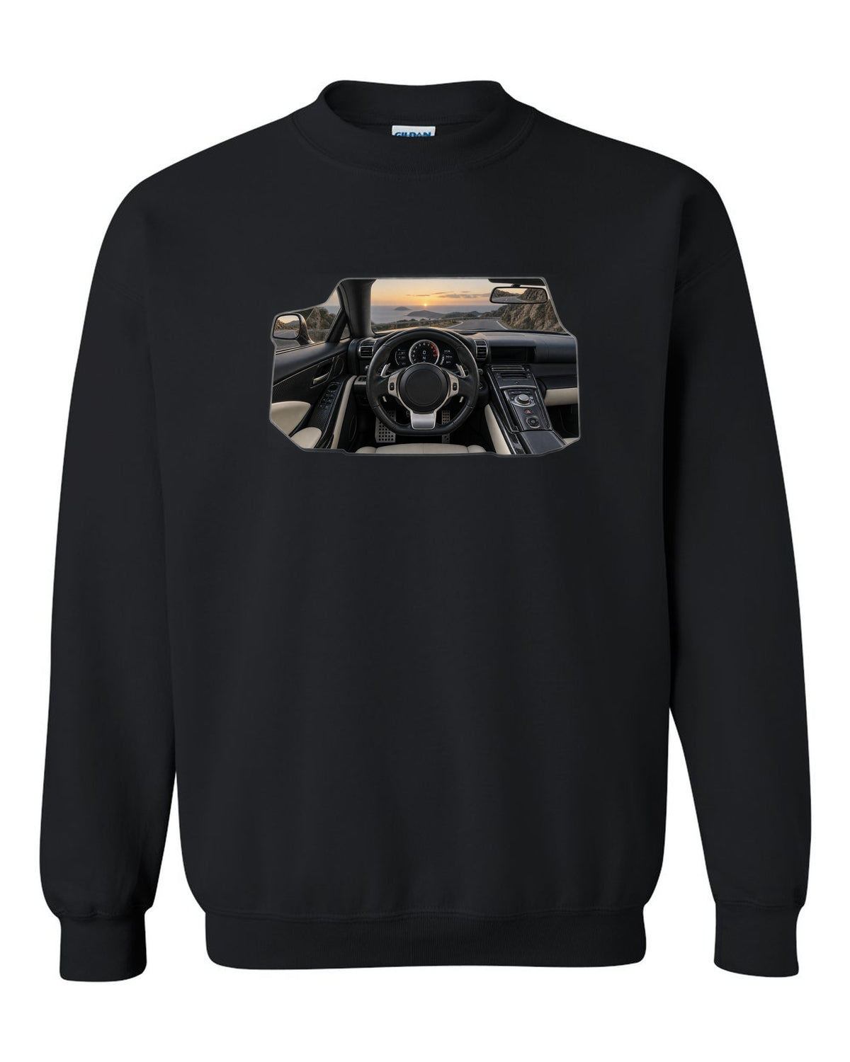 Three-view drawing and spec table of the Lexus LFA Nurburgring Package black crewneck front view with the design
