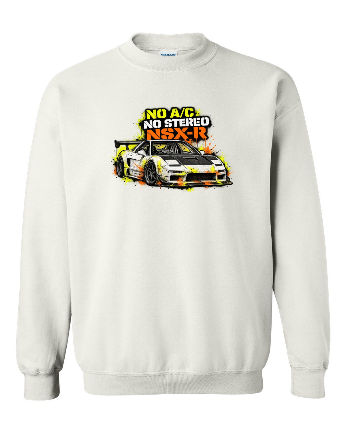 Risograph spot-colour print of a 1988 Honda CRX EF8 with B16A 950 KG Two Seats Only lettering white crewneck front view with the design