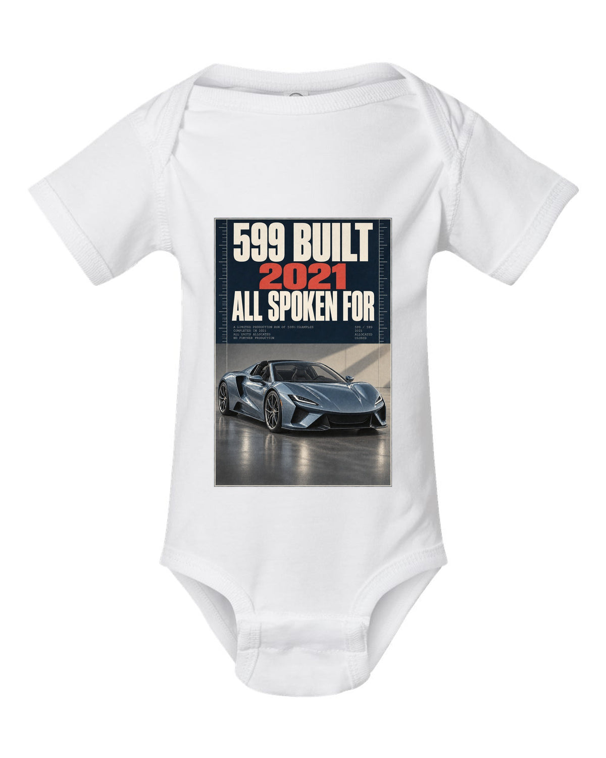 Halftone print of the Ferrari Daytona SP3 on a tee white baby onesie front view with the design
