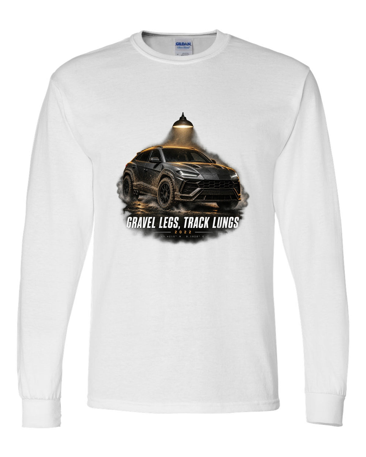 Lamborghini Urus Performante 2022 garage night print, gravel legs track lungs white long sleeve front view with the design