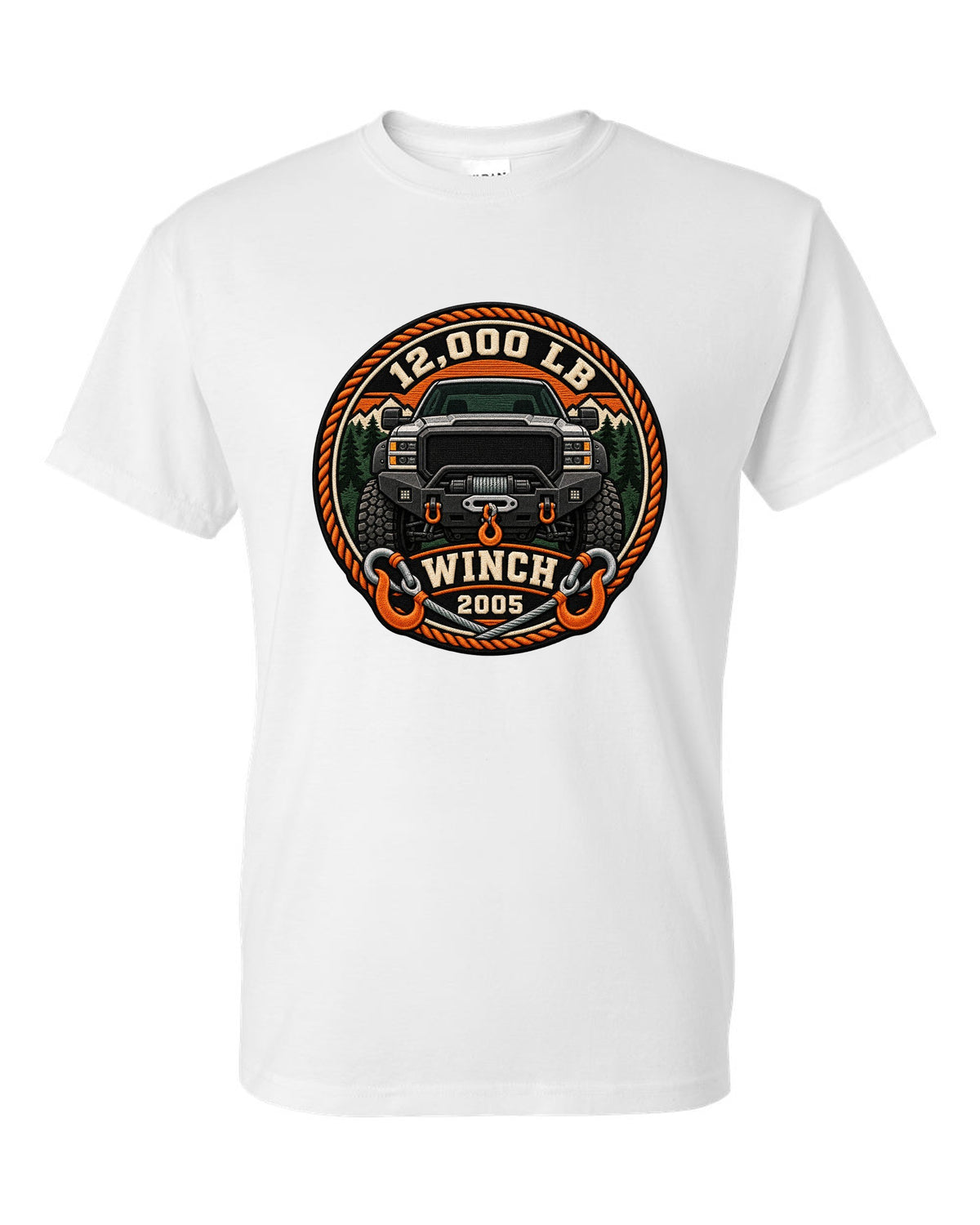 Varsity crest print of a Ram Power Wagon 2500 winch bumper with 12,000 LB winch 2005 text white t-shirt front view with the design