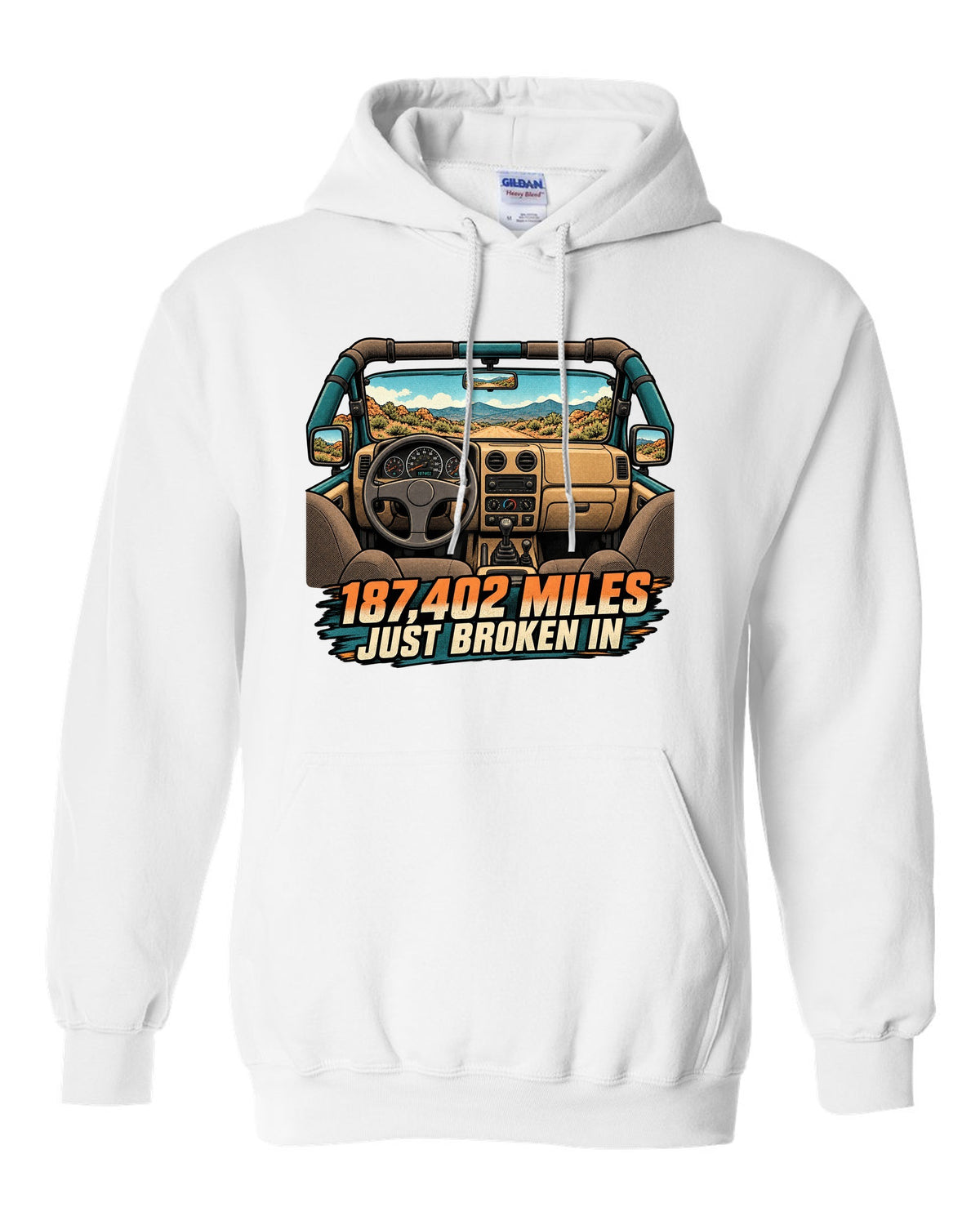 Halftone manga panel of a sun-faded Jeep Wrangler TJ dashboard with 187,402 MILES JUST BROKEN IN lettering white pull over hoodie front view with the design