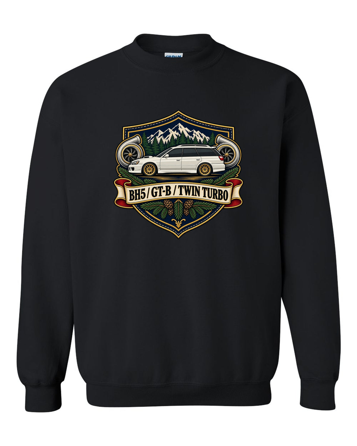 Subaru Legacy BH5 GT-B wagon shield crest print, BH5 / GT-B / TWIN TURBO black crewneck front view with the design