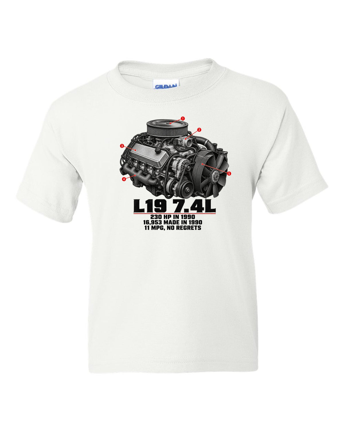 Engine print of a 1990-93 Chevrolet 454 SS pickup with L19 7.4L and 230 HP text white kids tee front view with the design