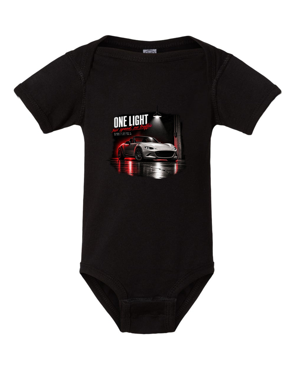 Garage night print for the 2015 Mazda MX-5 ND with 1.5L, 131 HP and six-speed lettering black baby onesie front view with the design