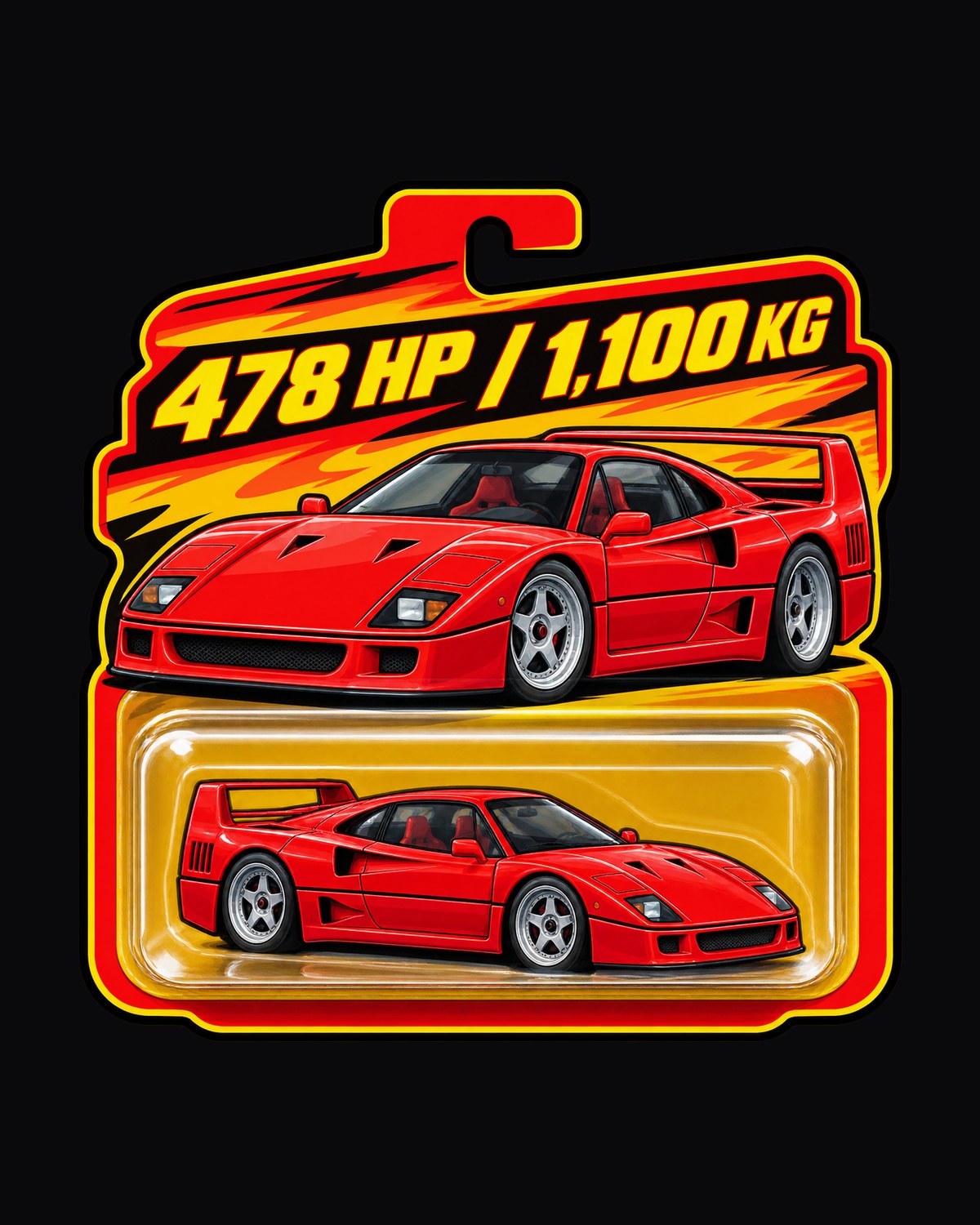 Ferrari F40 Blister Pack Tee, 478 HP 1,100 KG Toy Card Print design only