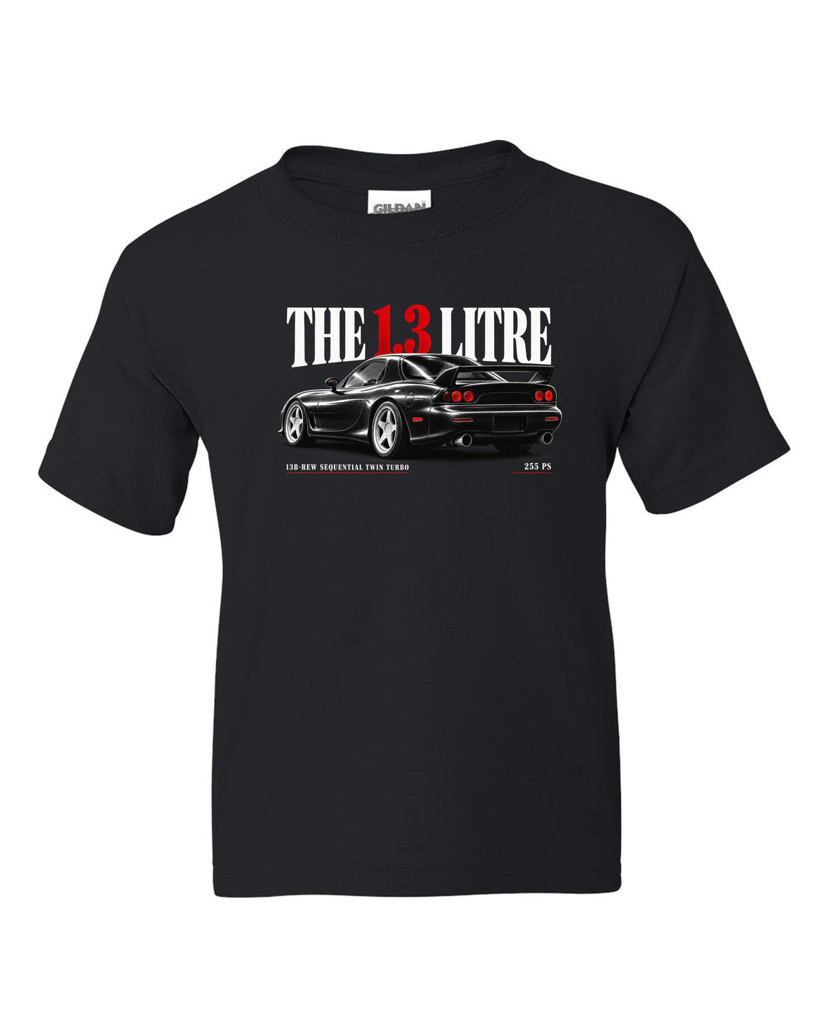 Editorial headline print for the 1992 Mazda RX-7 FD3S with 13B-REW sequential twin turbo and 255 PS black kids tee front view with the design