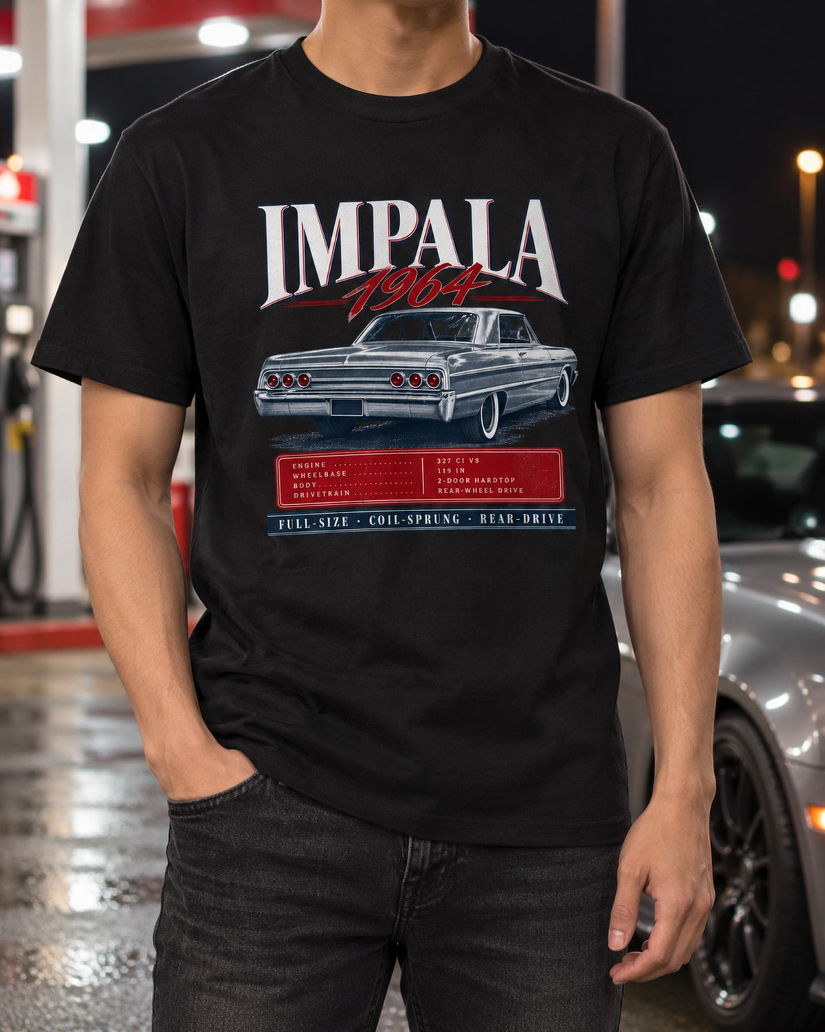 1964 Chevrolet Impala SS Rear Three-Quarter Archive Panel Shirt T-Shirt Black worn hero
