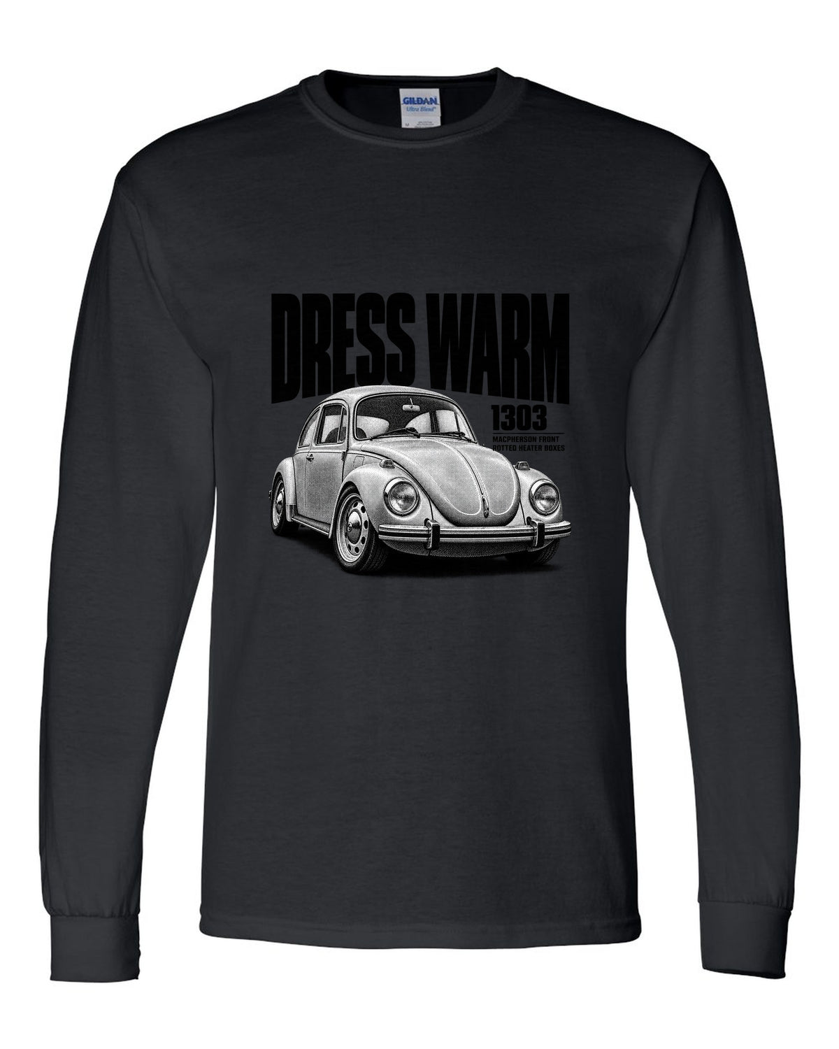 Halftone print of a VW Beetle Type 1 1303 front three-quarter with dress warm text black long sleeve front view with the design